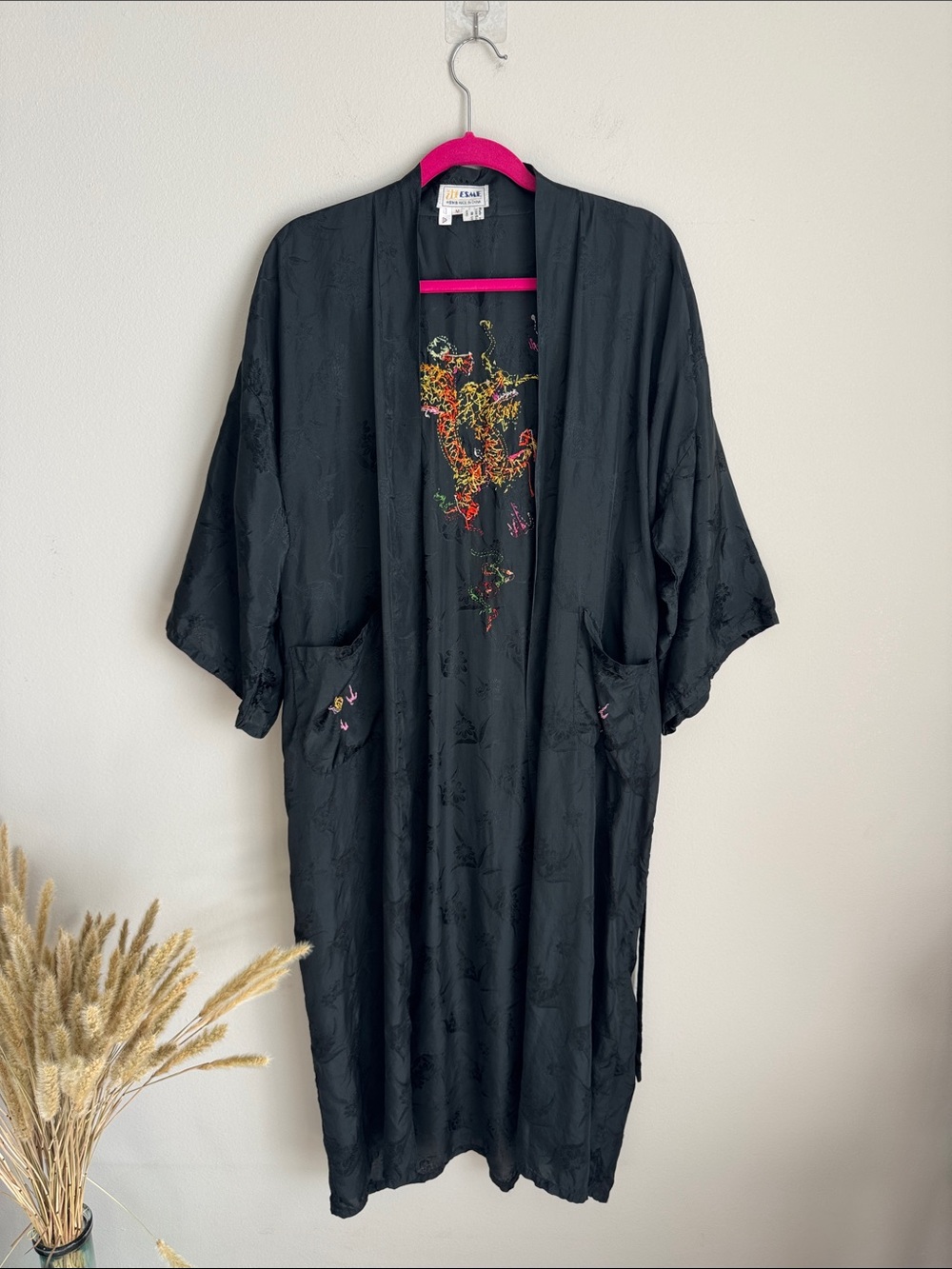 Vintage Esme Black Dragon Embroidered Rayon Kimono Robe Duster M - Picture 2 of 13
